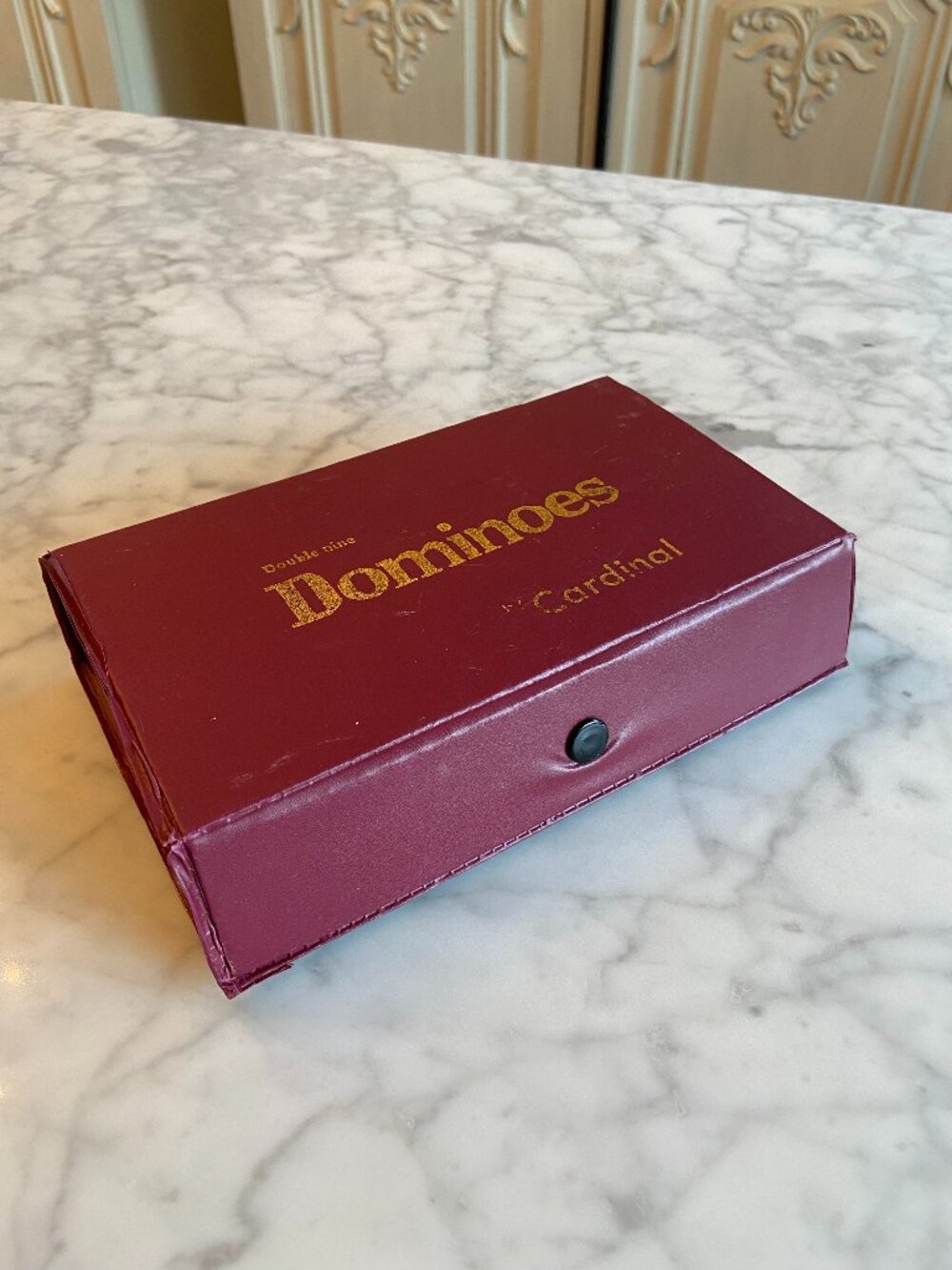 Vintage Double Nine Dominoes: Cardinal in Red Vinyl Case Set 55 Colored Dominoes